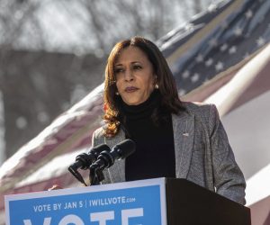 epa08898750 US Vice President-elect Kamala Harris speaks during a car rally in Columbus, Georgia, USA, 21 December 2020. Vice President-elect Harris was in Georgia stumping for US Senate Democratic candidates Jon Ossoff and Rev. Rahpael Warnock.  EPA/Alyssa Pointer / POOL