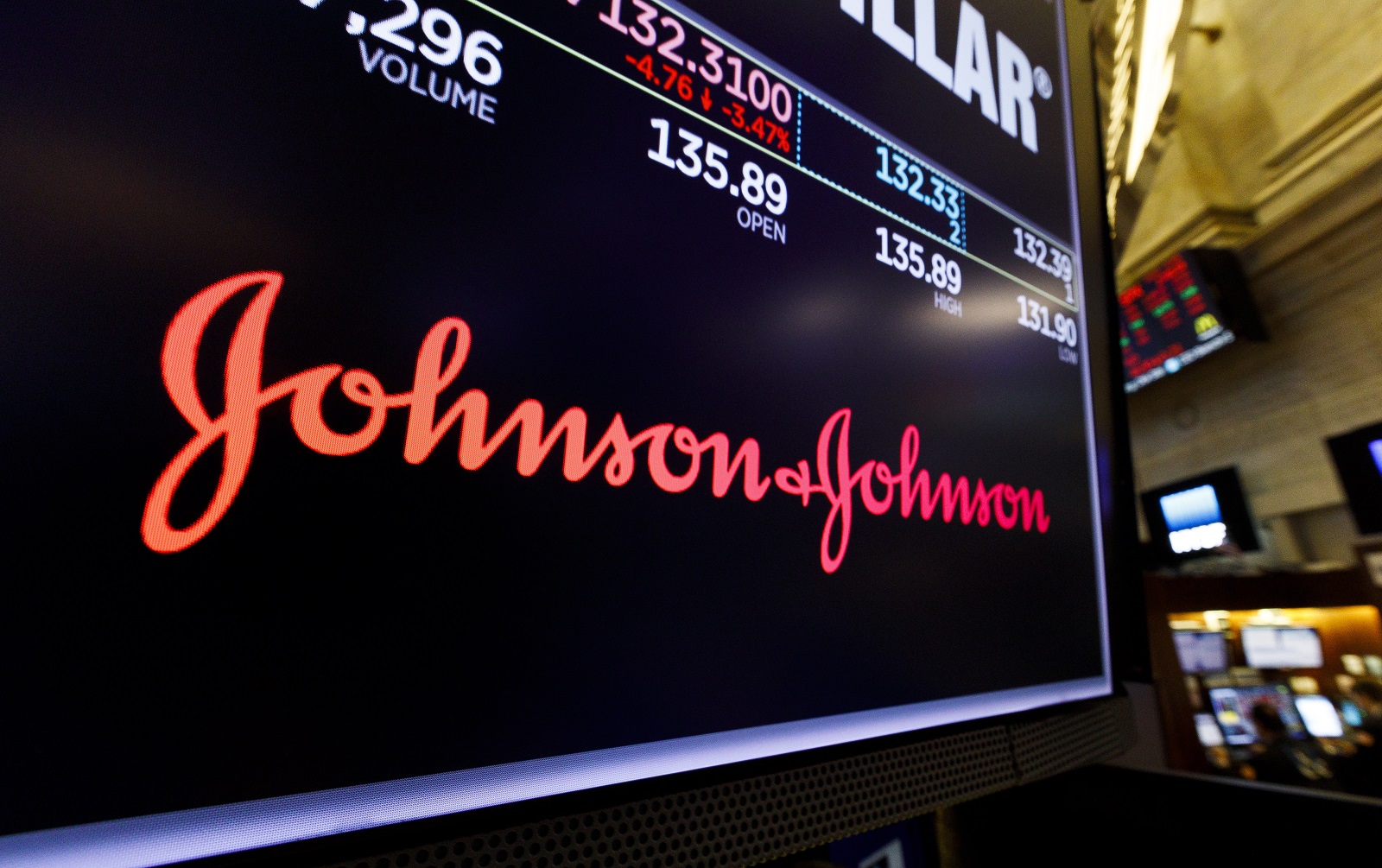 epa08973553 A screen shows the logo for the pharmaceutical company Johnson and Johnson on the floor of the New York Stock Exchange in New York, New York, USA, 29 May 2019 (reissued 29 January 2021). Johnson and Johnson on 29 January 2021 said their new single shot Covid-19 vaccine that had been tested in a trial since September 2020 on more than 44,000 volunteers, is 85 per cent effective in preventing severe illness, and 66 per cent effective in preventing symptomatic illnesses.  EPA/JUSTIN LANE *** Local Caption *** 55233447