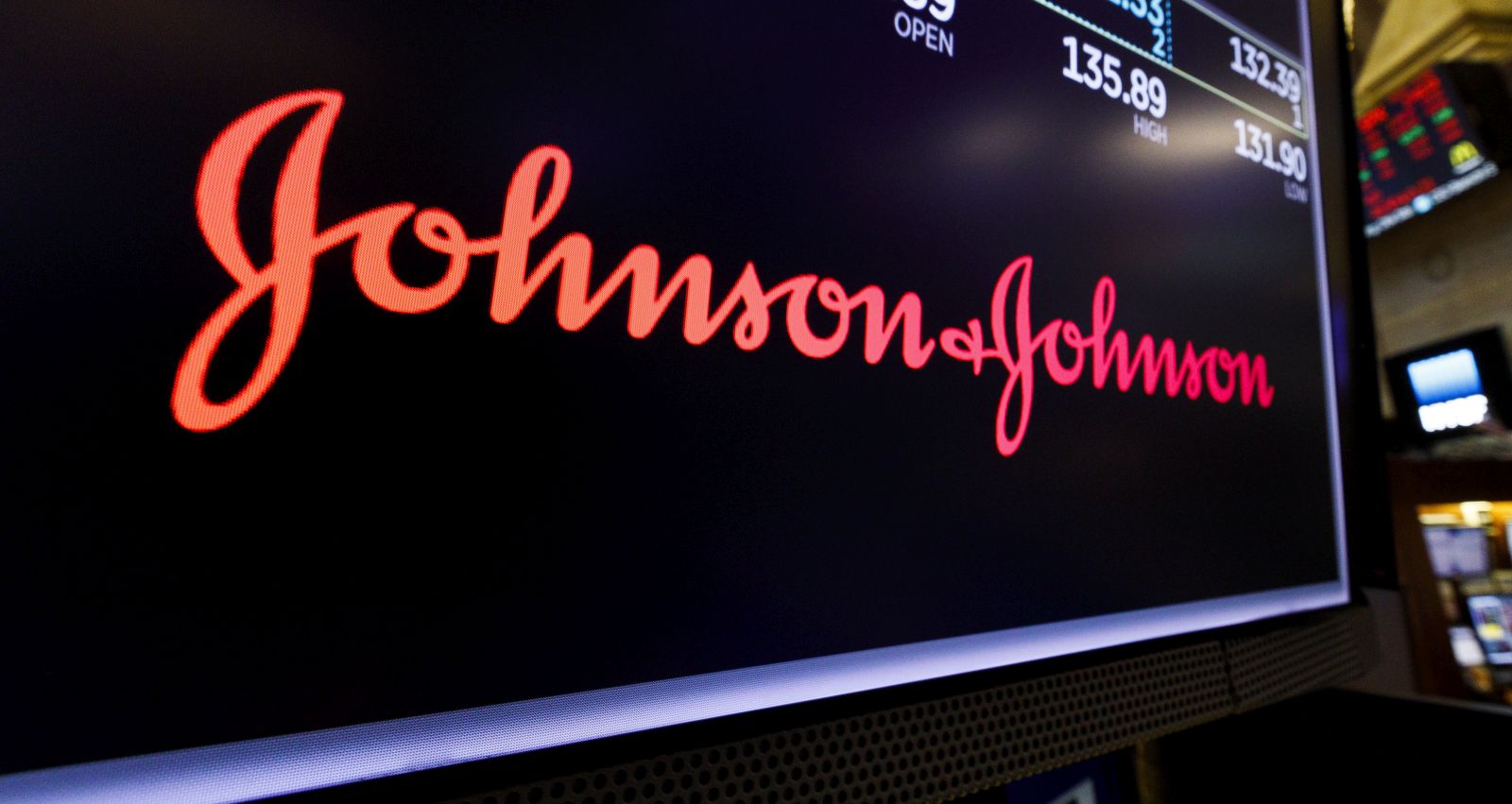 epa08973553 A screen shows the logo for the pharmaceutical company Johnson and Johnson on the floor of the New York Stock Exchange in New York, New York, USA, 29 May 2019 (reissued 29 January 2021). Johnson and Johnson on 29 January 2021 said their new single shot Covid-19 vaccine that had been tested in a trial since September 2020 on more than 44,000 volunteers, is 85 per cent effective in preventing severe illness, and 66 per cent effective in preventing symptomatic illnesses.  EPA/JUSTIN LANE *** Local Caption *** 55233447