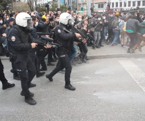 epa08981676 Turkish riot police use plastic bullets for block the people as they secure the area during a protest against Turkish President Erdogan's appointed rector at the Bogazici University in Istanbul, Turkey, 02 February 2021.Turkish President Recep Tayyip Erdogan appointed a controversial party member as rector of Turkey's highly prestigious Bogazici University. Teachers and students at the Turkish school condemned the new rector's appointment as an undemocratic move, media reported. Bogazici University, overlooking the Bosphorus, was founded in 1863 and it has more than 15,000 students and six campuses on the European side of Istanbul.  EPA/TOLGA BOZOGLU