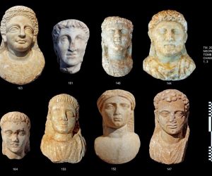 epa08981939 An undated handout photo made available by Egypt's Ministry of Tourism And Antiquities shows eight marble masks dating back to the Greek and Roman eras found at the Taposiris Magna Temple in western Alexandria, Egypt (issued 02 February 2021). The Egyptian-Dominican mission of the University of Santo Domingo headed by Dr. Kathleen Martinez uncovered 16 burials in rock cut tombs that were favored in the Greco-Roman era in Taposiris Magna Temple in western Alexandria.  EPA/MINISTRY OF TOURISM AND ANTIQUTIES HANDOUT -- BEST QUALITY AVAILABLE -- HANDOUT EDITORIAL USE ONLY/NO SALES