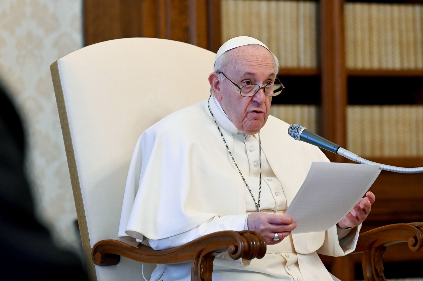 epa08983699 A handout photo made available by the Vatican Media shows Pope Francis during his weekly general audience in Vatican City, 03 February 2021.  EPA/VATICAN MEDIA / HANDOUT  HANDOUT EDITORIAL USE ONLY/NO SALES