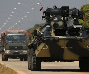 epa08983738 Military vehicles and soldiers patrol a road in Naypyitaw, Myanmar, 03 February 2021. Myanmar's military seized power and declared a state of emergency for one year after arresting State Counselor Aung San Suu Kyi and Myanmar president Win Myint in an early morning raid on 01 February, following increasing tension over the result of last November's parliamentary elections.  EPA/MAUNG LONLAN