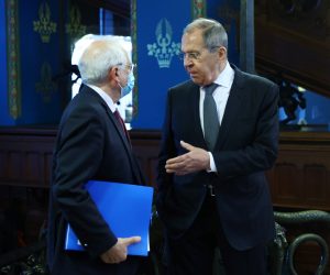 epa08988367 A handout photo made available by the press service of the Russian Foreign Affairs Ministry shows Russian Foreign Minister Sergei Lavrov (R) and High Representative of the EU for Foreign Affairs and Security Policy, Josep Borrell (L) during their meeting in Moscow, Russia, 05 February 2021. Borrell is on a working visit to Moscow.  EPA/RUSSIAN FOREIGN AFFAIRS MINISTRY HANDOUT -- MANDATORY CREDIT -- HANDOUT EDITORIAL USE ONLY/NO SALES