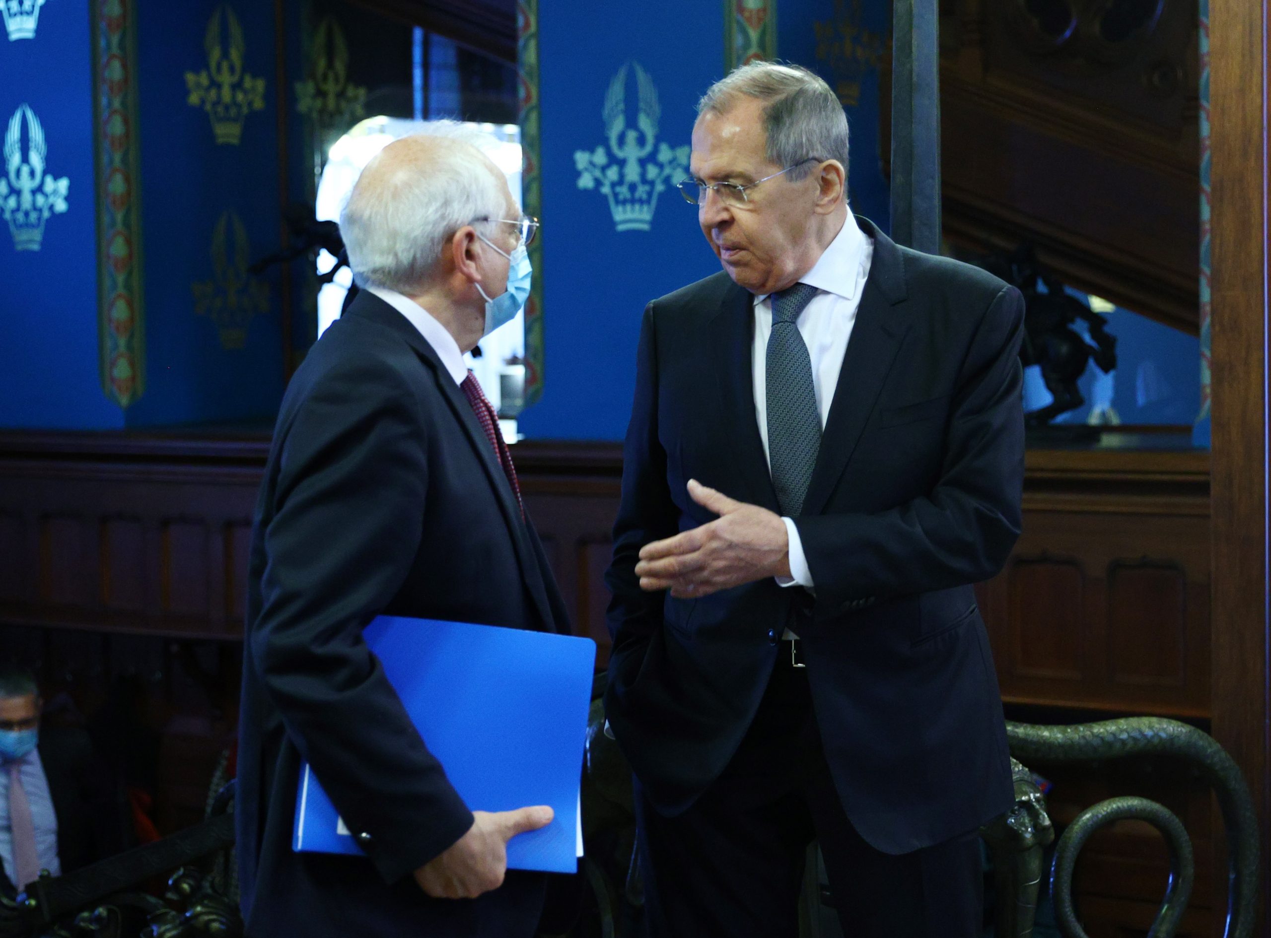 epa08988367 A handout photo made available by the press service of the Russian Foreign Affairs Ministry shows Russian Foreign Minister Sergei Lavrov (R) and High Representative of the EU for Foreign Affairs and Security Policy, Josep Borrell (L) during their meeting in Moscow, Russia, 05 February 2021. Borrell is on a working visit to Moscow.  EPA/RUSSIAN FOREIGN AFFAIRS MINISTRY HANDOUT -- MANDATORY CREDIT -- HANDOUT EDITORIAL USE ONLY/NO SALES