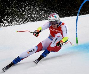 epa08990859 Marco Odermatt of Switzerland in action during the men's super G race of the FIS Alpine Skiing World Cup event in Garmisch-Partenkirchen, Germany, 06 ​February 2021.  EPA/Philipp Guelland