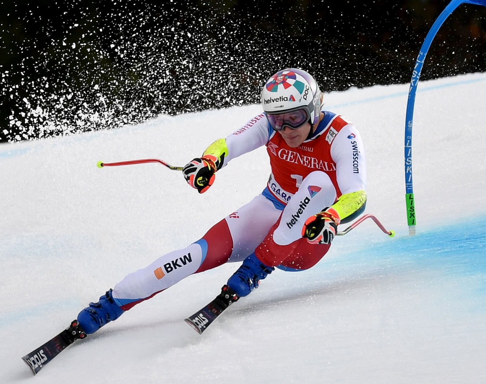 epa08990859 Marco Odermatt of Switzerland in action during the men's super G race of the FIS Alpine Skiing World Cup event in Garmisch-Partenkirchen, Germany, 06 ​February 2021.  EPA/Philipp Guelland