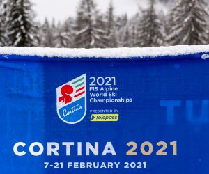 epa08993542 A logo of Cortina 2021 at the 2021 FIS Alpine Skiing World Championships in Cortina d'Ampezzo, Italy, 07 February 2021. The 2021 FIS Alpine World Ski Championships will be held in Cortina d'Ampezzo from 7 to 21 February 2021.  EPA/JEAN-CHRISTOPHE BOTT