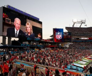 epaselect epa08995043 US President Joe Biden and First Lady Dr. Jill Biden address the National Football League Super Bowl LV between the Tampa Bay Buccaneers and the Kansas City Chiefs at Raymond James Stadium in Tampa, Florida, USA, 07 February 2021.  EPA/GARY BOGDON