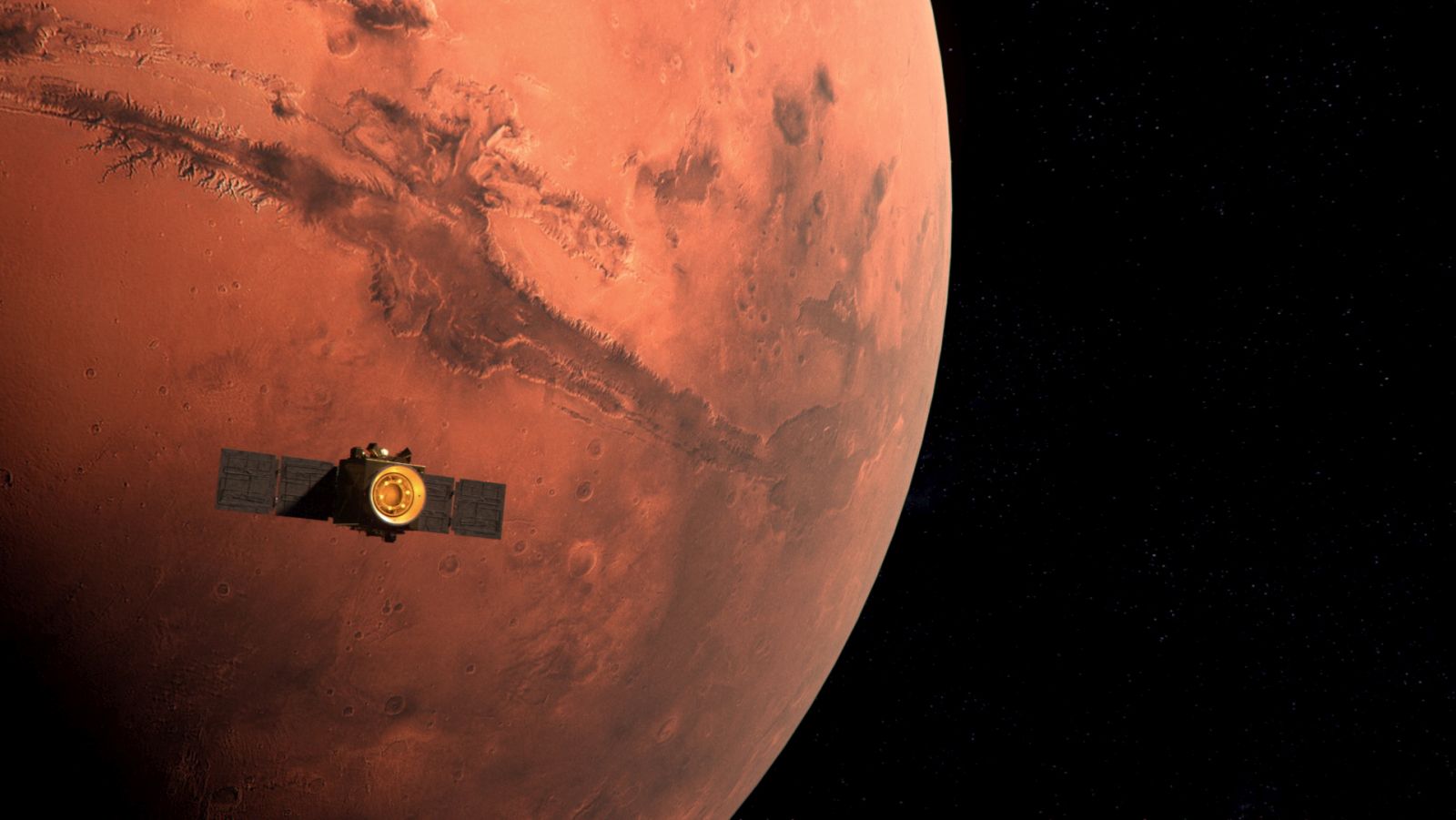 epa08999522 A handout photo made available by the Mohammed Bin Rashid Space Center (MBRSC) shows an illustration of the arrival of the Hope Probe to Mars orbit (issued on 09 February 2021). The Emirates Mars Mission Hope Probe is the first planetary mission led by an Arab-Islamic country and the space probe is to study the Martian atmosphere.  EPA/MBRSC/UAE Space Agency HANDOUT  HANDOUT EDITORIAL USE ONLY/NO SALES