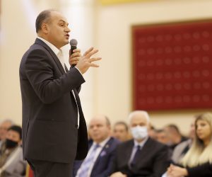 epa09003317 Enver Hoxhaj, candidate for prime minister of the Democratic Party of Kosovo (PDK) holds a speech during an electoral rally in the village of Korrotica, Kosovo, 08 February 2021 (issued 11 February 2021). Kosovo's early parliamentary elections will be held on 14 February 2021.  EPA/VALDRIN XHEMAJ