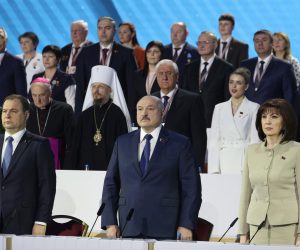 epa09003590 Belarusian President Alexander Lukashenko (C) attends the All Belarusian People's Assembly in Minsk, Belarus, 11 February 2021. Participants of the assembly will discuss social and political developments of the country.  EPA/MAXIM GUCHEK/ POOL