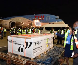 epa09017355 A handout photo made available by South Africa's Government Information Services (GCIS) shows the first delivery of the Johnson & Johnson COVID-19 vaccine arriving at the O R Tambo International Airport in Johannesburg, South Africa, 17 February 2021. The vaccine has been approved by South African Health Products Authority and is expected to only be given to health care workers. The consignment will be moved to a secure facility before being distributed overnight to the various vaccine centers in all provinces.  EPA/BABA JIYANE/GCIS HANDOUT  HANDOUT EDITORIAL USE ONLY/NO SALES