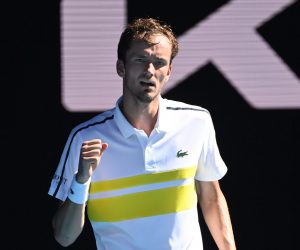 epa09017371 Daniil Medvedev of Russia reacts during his Quarterfinals Men's singles match against Andrey Rublev of Russia on Day 10 of the Australian Open Grand Slam tennis tournament at Melbourne Park in Melbourne, Australia, 17 February 2021.  EPA/DAVE HUNT AUSTRALIA AND NEW ZEALAND OUT