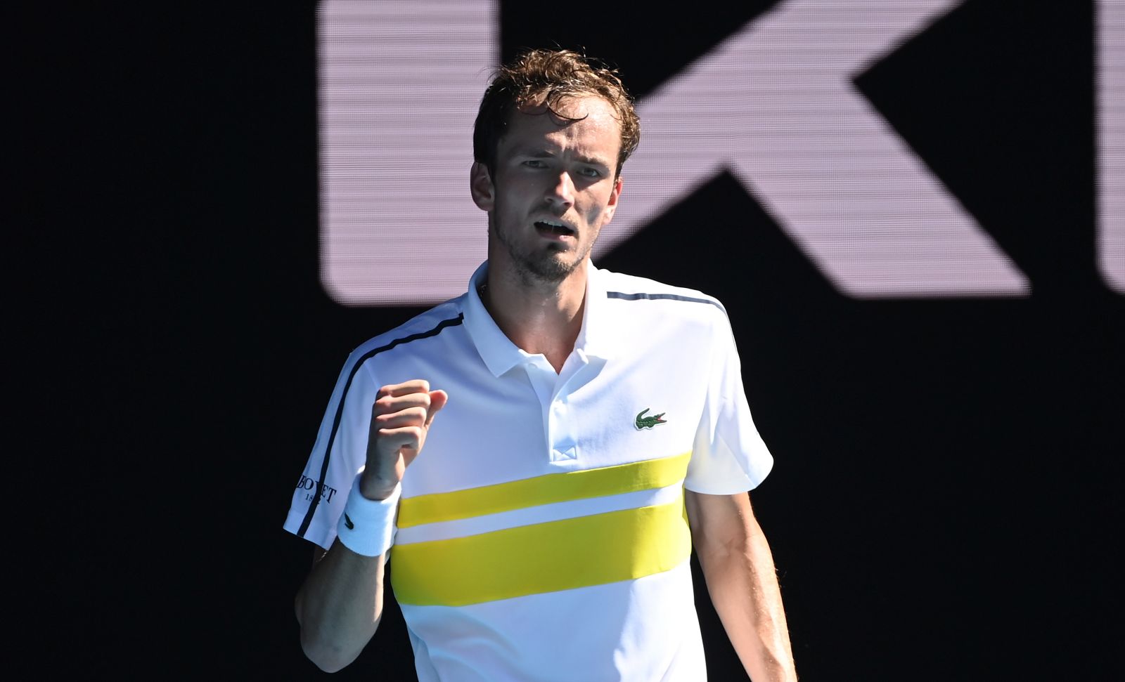 epa09017371 Daniil Medvedev of Russia reacts during his Quarterfinals Men's singles match against Andrey Rublev of Russia on Day 10 of the Australian Open Grand Slam tennis tournament at Melbourne Park in Melbourne, Australia, 17 February 2021.  EPA/DAVE HUNT AUSTRALIA AND NEW ZEALAND OUT