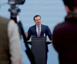 epa09017872 German Minister of Health Jens Spahn speaks during a press conference at the Ministry of health in Berlin, Germany, 17 February 2021. Minister Spahn provided information on the topic of coronavirus mutations and speed tests.  EPA/HAYOUNG JEON
