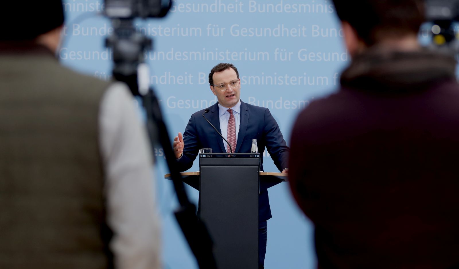 epa09017872 German Minister of Health Jens Spahn speaks during a press conference at the Ministry of health in Berlin, Germany, 17 February 2021. Minister Spahn provided information on the topic of coronavirus mutations and speed tests.  EPA/HAYOUNG JEON