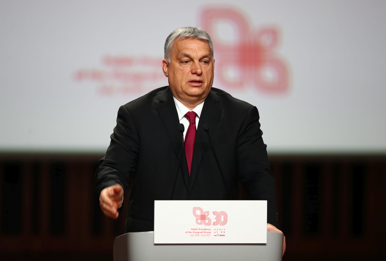 epa09018671 Prime Minister of Hungary Viktor Orban during a press conference in Krakow, south Poland, 17 February 2021. A summit of the heads of governments of the Visegrad Group countries is held in Krakow with the participation of the President of the European Council on the occasion of the 30th anniversary of Visegrad Cooperation. On July 1 last year, Poland's annual presidency in the V4 began.  EPA/Lukasz Gagulski POLAND OUT