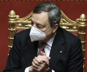 epa09019062 Mario Draghi, Italy's prime minister, listens during a debate at the Senate in Rome, Italy, 17 February 2021. The new government will face vote of confidence in the Senate on 17 February and later another vote in the lower chamber on 18 February. Draghi and his new cabinet were sworn in before President Sergio Mattarella on 13 February 2021.  EPA/ALESSIA PIERDOMENICO / POOL