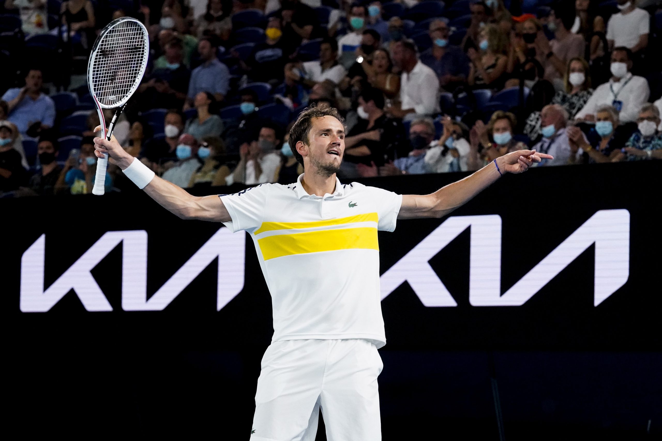 epa09023320 Daniil Medvedev of Russia reacts during his Men's singles semi final match against Stefanos Tsitsipas of Greece at the Australian Open Grand Slam tennis tournament at Melbourne Park in Melbourne, Australia, 19 February 2021.  EPA/DAVE HUNT  AUSTRALIA AND NEW ZEALAND OUT