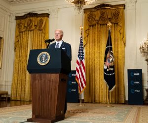 epa09024438 US President Joe Biden delivers remarks at a virtual event hosted by the Munich Security Conference in the East Room of the White House in Washington, DC, USA on 19 February 2021. In his remarks, President Biden stressed the United States' commitment to NATO after four years of the Trump administration undermining the alliance.  EPA/Anna Moneymaker / POOL