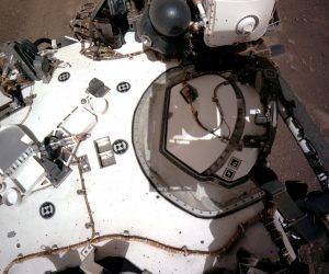 epa09030190 A handout photo made available by NASA shows The Navigation Cameras, or Navcams, aboard NASA’s Perseverance captured by Mars rover view of the rover’s deck on 20 February 2021 (Issued on 22 February 2021). This view provides a good look at PIXL (the Planetary Instrument for X-ray Lithochemistry), one of the instruments on the rover's stowed arm. A key objective for Perseverance's mission on Mars is astrobiology, including the search for signs of ancient microbial life. The rover will characterize the planet's geology and past climate, pave the way for human exploration of the Red Planet, and be the first mission to collect and cache Martian rock and regolith.  EPA/NASA/JPL-Caltech HANDOUT  HANDOUT EDITORIAL USE ONLY/NO SALES