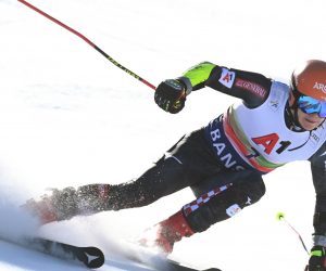 epa09039554 Filip Zubcic of Croatia in action during the Men's Giant Slalom 1st run at the FIS Alpine Skiing World Cup in Bansko, Bulgaria, 27 February 2021.  EPA/VASSIL DONEV