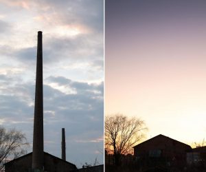 21.02.2021. Zagreb - Kombo fotografija dimnjaka Ciglane Crnomerec. Na lokaciji bivsih ciglana Zagreb, pored okretista tramvaja na Crnomercu nalazi se napusteni industrijski kompleks sa dva dimnjaka. Dimnjaci se nalaze na istocnom i zapadnom dijelu glavne zgrade s pecima za ciglu. Visina zapadnog dimnjaka je 49.8 m dok je visina istocnog dimnjaka 62.2 m. Uslijed potresa 22. ozujka i 29. prosinca 2020. dimnjaci su osteceni. Zbog ostecenja narusena im je stabilnoste te predstavljaju opasnost od djelomicnog ili cjelovitog rusenja zbog cega ce izvesti kontrolirano rusenje. Photo: Emica Elvedji/PIXSELL