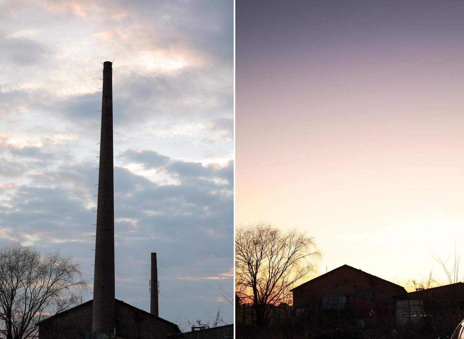 21.02.2021. Zagreb - Kombo fotografija dimnjaka Ciglane Crnomerec. Na lokaciji bivsih ciglana Zagreb, pored okretista tramvaja na Crnomercu nalazi se napusteni industrijski kompleks sa dva dimnjaka. Dimnjaci se nalaze na istocnom i zapadnom dijelu glavne zgrade s pecima za ciglu. Visina zapadnog dimnjaka je 49.8 m dok je visina istocnog dimnjaka 62.2 m. Uslijed potresa 22. ozujka i 29. prosinca 2020. dimnjaci su osteceni. Zbog ostecenja narusena im je stabilnoste te predstavljaju opasnost od djelomicnog ili cjelovitog rusenja zbog cega ce izvesti kontrolirano rusenje. Photo: Emica Elvedji/PIXSELL