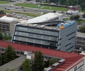 24.05.2018., Zagreb - Pogled na panoramu Zagreba sa zadnjeg kata nebodera Eurotower. Filozofski fakultet u Zagrebu, knjiznica Filozofskog fakulteta. 
Photo: Goran Stanzl/PIXSELL