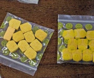 28.07.2015., Sibenik - U sjedistu Policijske Uprave Sibensko-kninske odrzana je konferencija za medije vezana za kaznena djela iz djelokruga suzbijanja zlouporabe droga. Droga je zapljenjena u dvije akcije u Tisnom tza vrijeme odrzavanja festivala elektronske glazbe. Vrijednost zapljenjene droge procjenjuje se na iznos od 150.000,00 kuna dok bi ulicna vrijednost bila vise od 300.000,00 kuna. Photo: Dusko Jarmaz/PIXSELL