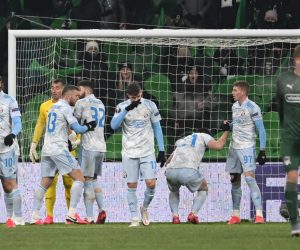 Europa League - Round of 32 First Leg - Krasnodar v Dinamo Zagreb Soccer Football - Europa League - Round of 32 First Leg - Krasnodar v Dinamo Zagreb - Krasnodar Stadium, Krasnodar, Russia - February 18, 2021 GNK Dinamo Zagreb's Bruno Petkovic celebrates scoring their first goal with teammates REUTERS/Sergey Pivovarov SERGEY PIVOVAROV