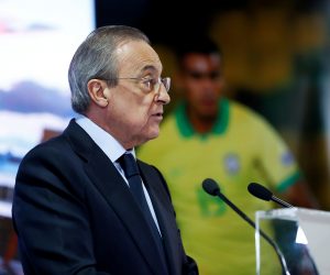 FILE PHOTO: Real Madrid unveil Reinier FILE PHOTO: Soccer Football - Real Madrid unveil Reinier - Santiago Bernabeu, Madrid, Spain - February 18, 2020   Real Madrid president Florentino Perez during the press conference   REUTERS/Juan Medina/File Photo JUAN MEDINA