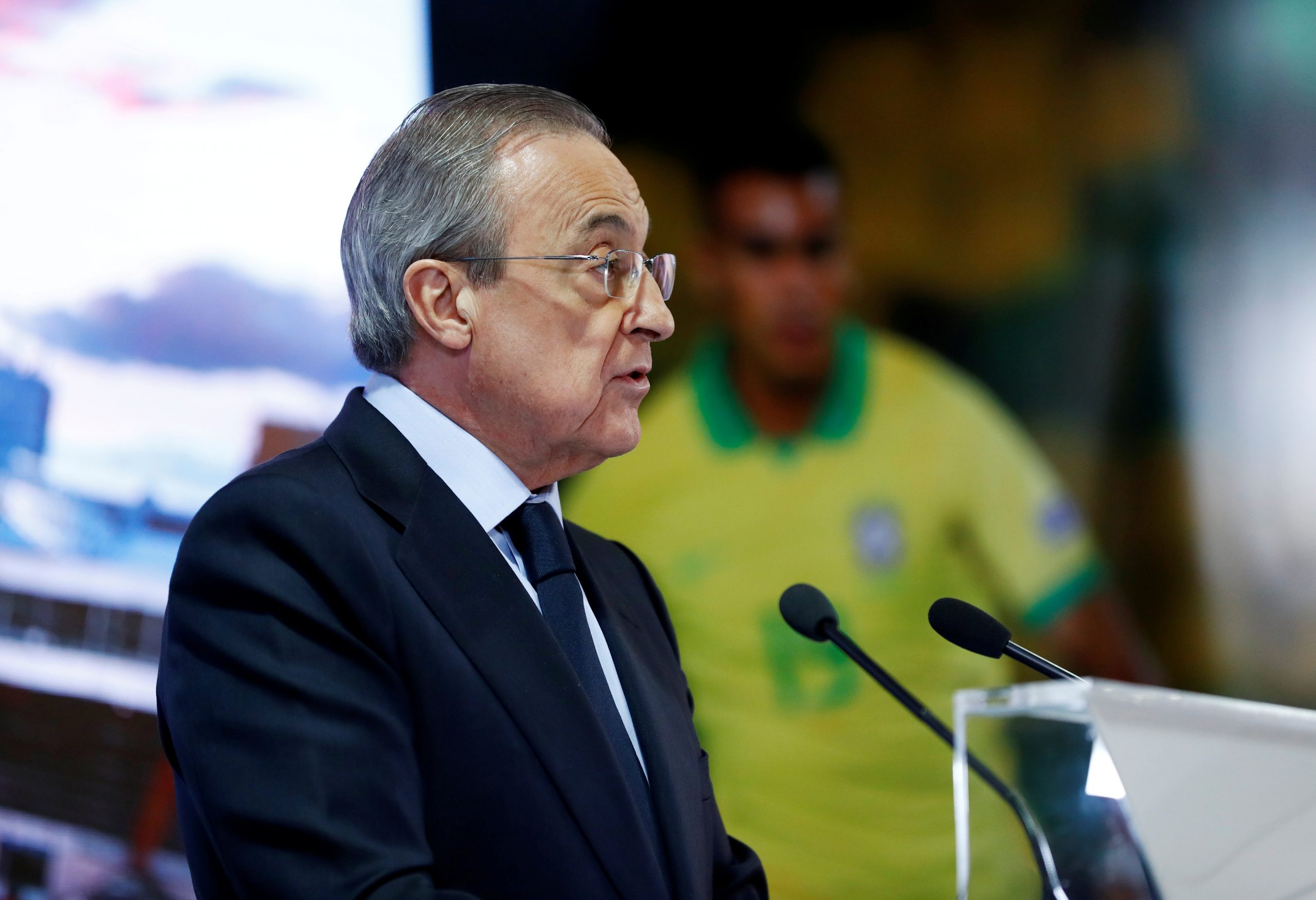 FILE PHOTO: Real Madrid unveil Reinier FILE PHOTO: Soccer Football - Real Madrid unveil Reinier - Santiago Bernabeu, Madrid, Spain - February 18, 2020   Real Madrid president Florentino Perez during the press conference   REUTERS/Juan Medina/File Photo JUAN MEDINA