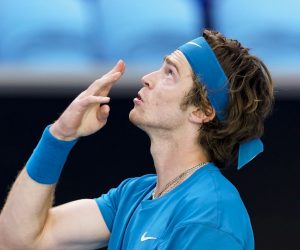 epa09008357 Andrey Rublev of Russia celebrates after winning his third Round Men's singles match against Feliciano Lopez of Spain at the Australian Open grand slam tennis tournament at Melbourne Park in Melbourne, Australia, 13 February 2021.  EPA/DAVE HUNT AUSTRALIA AND NEW ZEALAND OUT