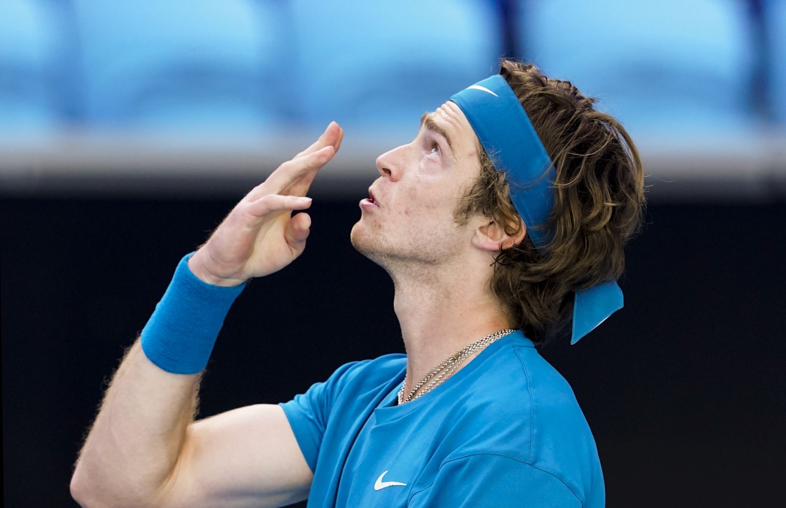 epa09008357 Andrey Rublev of Russia celebrates after winning his third Round Men's singles match against Feliciano Lopez of Spain at the Australian Open grand slam tennis tournament at Melbourne Park in Melbourne, Australia, 13 February 2021.  EPA/DAVE HUNT AUSTRALIA AND NEW ZEALAND OUT