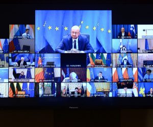 epa09037508 European Council President Charles Michel attends a video conference on security and defence and on the EU's Southern Neighborhood with European leaders and NATO Secretary General Jens Stoltenberg (not pictured) in Brussels, Belgium, 26 February 2021.  EPA/JOHANNA GERON / POOL