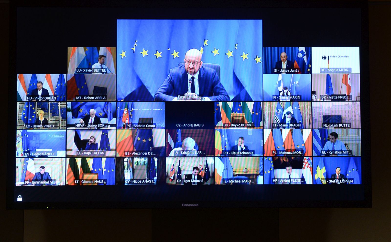 epa09037508 European Council President Charles Michel attends a video conference on security and defence and on the EU's Southern Neighborhood with European leaders and NATO Secretary General Jens Stoltenberg (not pictured) in Brussels, Belgium, 26 February 2021.  EPA/JOHANNA GERON / POOL