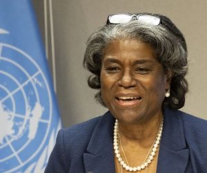epa09045273 Linda Thomas-Greenfield, the United States’ new ambassador to the United Nations, holds her first press conference as the United States is set to take the presidency of the UN Security Council for the month, at United Nations headquarters in New York, New York, USA, 01 March 2021.  EPA/JUSTIN LANE