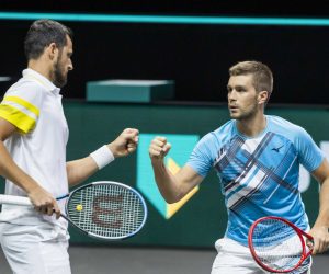 epa09046602 Mate Pavic (L) and Nikola Mektic of Croatia in action against Robin Haase and Matwe Middelkoop on the second day of the ABN AMRO World Tennis Tournament in Rotterdam, The Netherlands, 02 March 2021. The ATP tournament in Ahoy takes place without an audience due to the corona pandemic.  EPA/KOEN SUYK