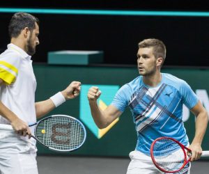 epa09046602 Mate Pavic (L) and Nikola Mektic of Croatia in action against Robin Haase and Matwe Middelkoop on the second day of the ABN AMRO World Tennis Tournament in Rotterdam, The Netherlands, 02 March 2021. The ATP tournament in Ahoy takes place without an audience due to the corona pandemic.  EPA/KOEN SUYK