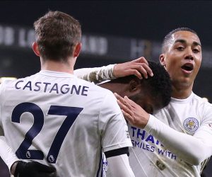 epa09049484 Leicester’s Kelechi Iheanacho (C), assisted by Leicester’s Timothy Castagne (L) and Leicester’s Youri Tielemans (R) reacts after scoring during the English Premier League soccer match between Burnley FC and Leicester City in Burnley, Britain, 03 March 2021.  EPA/Alex Pantling / POOL EDITORIAL USE ONLY. No use with unauthorized audio, video, data, fixture lists, club/league logos or 'live' services. Online in-match use limited to 120 images, no video emulation. No use in betting, games or single club/league/player publications.