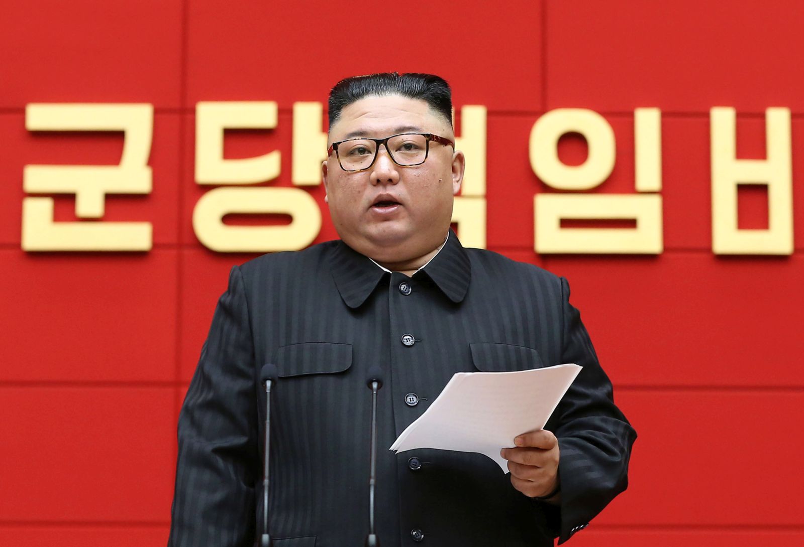 epa09050425 A photo released by the official North Korean Central News Agency (KCNA) shows North Korean Supreme Leader Kim Jong-un presiding over the first short course for chief secretaries of the city and county Party committees was held at the conference hall of the office building of the Central Committee of the Workers' Party of Korea (WPK), in Pyongyang, North Korea, 03 March 2021 (issued 04 March 2021). The meeting took place at a time when the grand struggle is being waged to achieve the comprehensive development of our own-style socialism along the path of sure victory indicated by the ever-victorious WPK.  EPA/KCNA   EDITORIAL USE ONLY