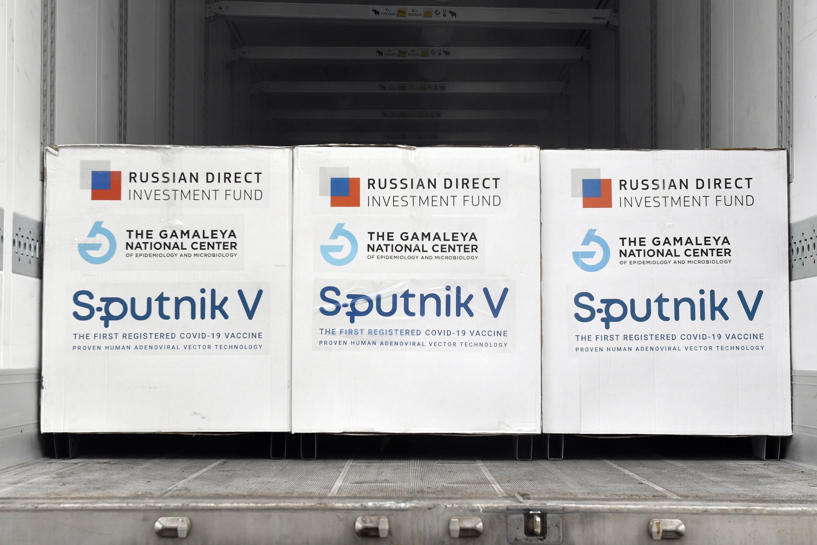 epa09051577 Boxes of Sputnik V vaccines are ready to be unloaded unloaded from a truck at a warehouse of Hungaropharma, a Hungarian pharmaceutical wholesale company, in Budapest, Hungary, after a shipment of 280 thousand doses of the Russian vaccine Sputnik V (Russian name: Gam-KOVID-Vak) arrived in Hungary 04 March 2021.  EPA/Zoltan Mathe HUNGARY OUT