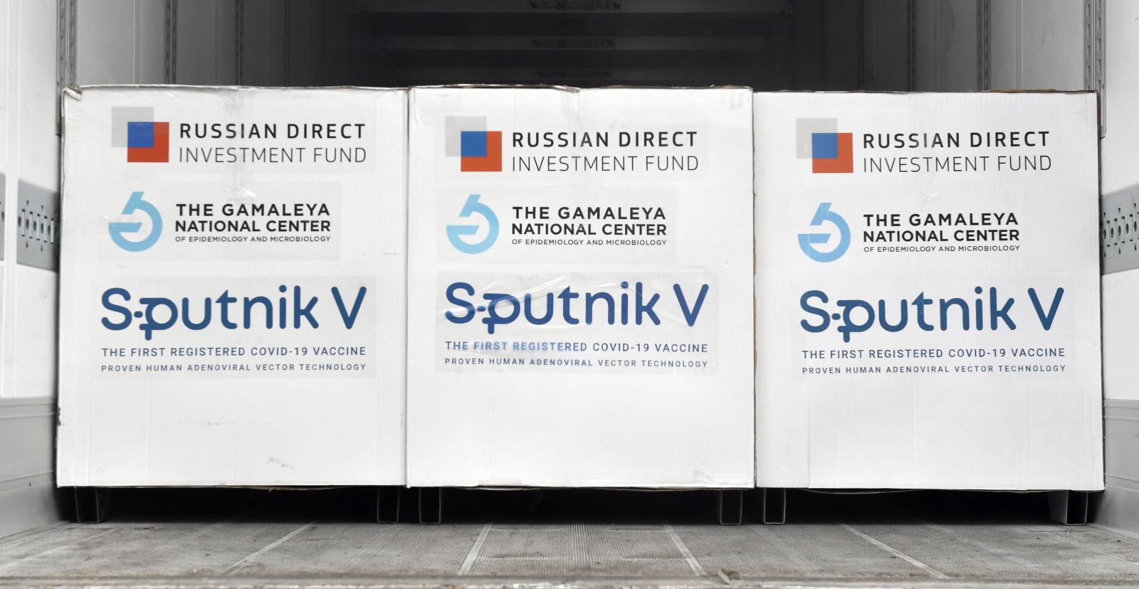 epa09051577 Boxes of Sputnik V vaccines are ready to be unloaded unloaded from a truck at a warehouse of Hungaropharma, a Hungarian pharmaceutical wholesale company, in Budapest, Hungary, after a shipment of 280 thousand doses of the Russian vaccine Sputnik V (Russian name: Gam-KOVID-Vak) arrived in Hungary 04 March 2021.  EPA/Zoltan Mathe HUNGARY OUT