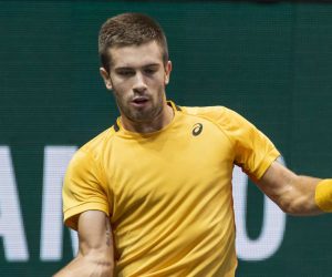 epa09057591 Borna Coric of Croatia during the semi-final against Marton Fucsovics Hungary on the sixth day of the ABN AMRO World Tennis Tournament in Rotterdam, Netherlands, 06 March 2021.  EPA/Koen Suyk