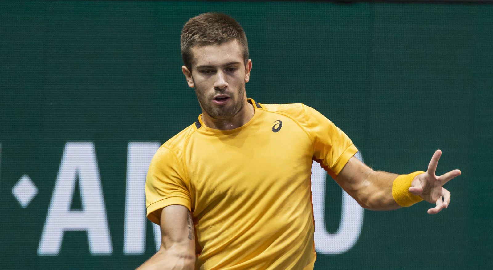 epa09057591 Borna Coric of Croatia during the semi-final against Marton Fucsovics Hungary on the sixth day of the ABN AMRO World Tennis Tournament in Rotterdam, Netherlands, 06 March 2021.  EPA/Koen Suyk