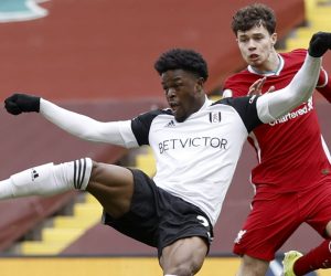 epa09059191 Josh Maja (L) of Fulham in action during the English Premier League soccer match between Liverpool FC and Fulham FC in Liverpool, Britain, 07 March 2021.  EPA/Phil Noble / POOL EDITORIAL USE ONLY. No use with unauthorized audio, video, data, fixture lists, club/league logos or 'live' services. Online in-match use limited to 120 images, no video emulation. No use in betting, games or single club/league/player publications.
