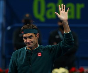 epa09065797 A handout photo made available by beIN Sports of Roger Federer of Switzerland arriving for his match against Daniel Evans of Great Britain at the Qatar Exxonmobil Open in Doha, Qatar, 10 March 2021.  EPA/Samer F Rejjal / HANDOUT by beIN Sports  SHUTTERSTOCK OUT HANDOUT EDITORIAL USE ONLY/NO SALES