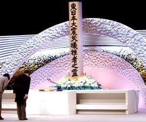 epa09066842 Japan's Emperor Naruhito (R) and Empress Masako (L) bow in front of the altar for victims of the 11 March 2011 earthquake and tsunami at the national memorial service in Tokyo, Japan, 11 March 2021. The ceremony took place on the 10th anniversary of the 9.0 magnitude earthquake which triggered a tsunami and nuclear disaster.  EPA/Behrouz MEHRI / POOL